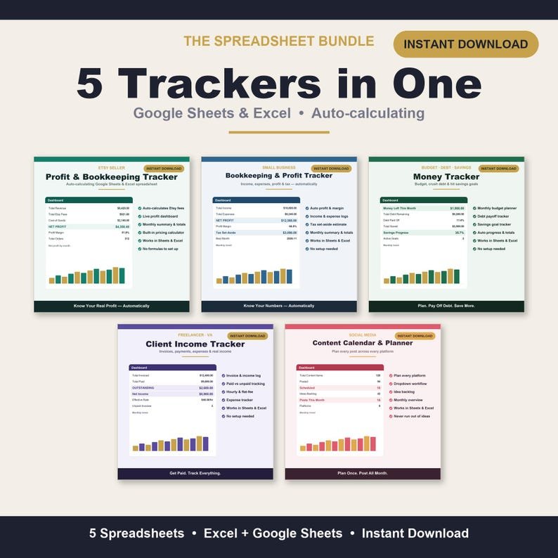 Small Business Spreadsheet Bundle with five Google Sheets and Excel trackers