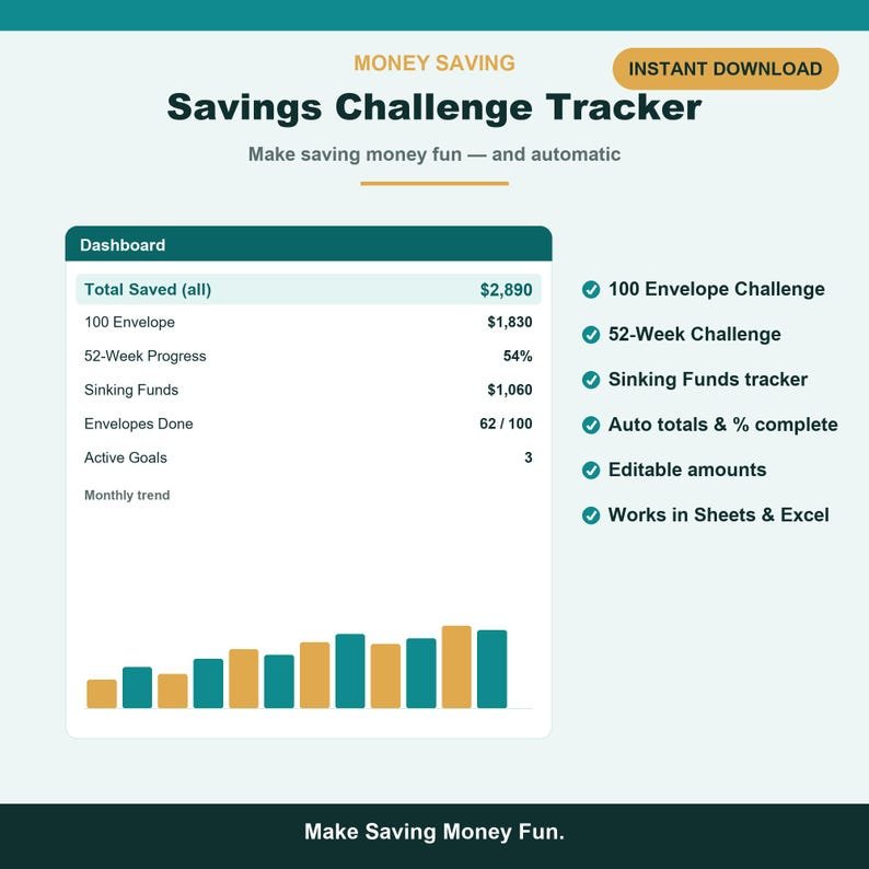Savings Challenge Tracker with 100 envelope, 52 week and sinking funds