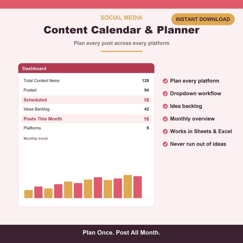 Content Calendar spreadsheet, a social media planner with post scheduler and idea bank