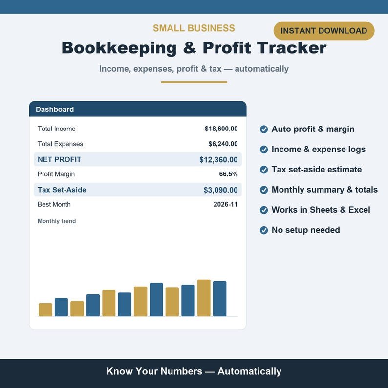 Small Business Bookkeeping spreadsheet with income, expense and tax log plus dashboard