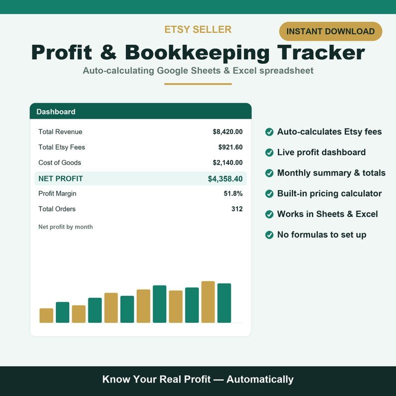 Etsy Seller bookkeeping and profit tracker with automatic Etsy fee calculator
